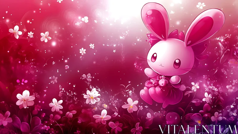 Pink rabbit character floats above glowing floral field