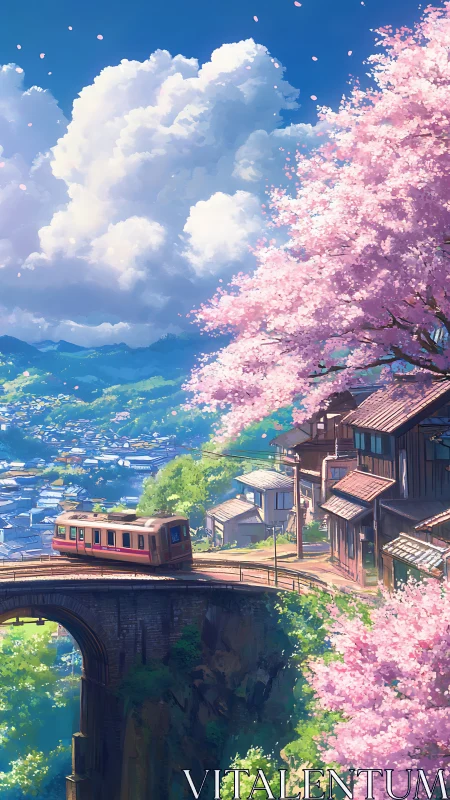 Mountain tram crosses spring bridge under pink sakura clouds