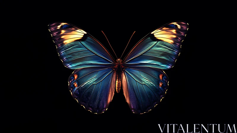 High-contrast iridescent butterfly rendered against pure black