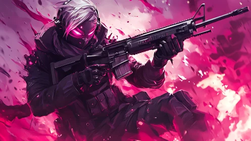 Cyber sniper dives through neon chaos in tactical armor.