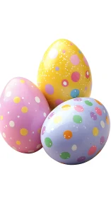 Triadic polka‑dot eggs under uniform diffuse illumination.