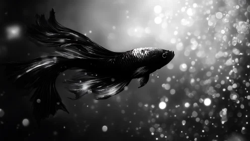 Monochrome betta fish glides through abstract bokeh currents