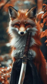 Fox knight in autumn woods with bright, curious eyes.