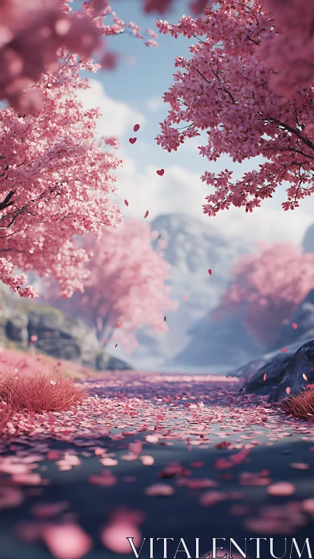 Procedural cherry blossom ravine with depth-of-field simulation.