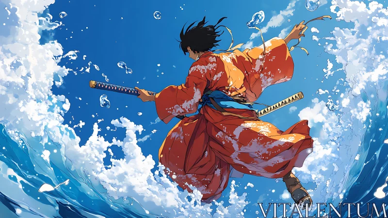 Samurai in orange kimono leaping through crashing waves.