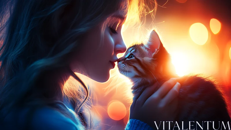 Woman and young cat in close proximity with warm backlighting and bokeh effects