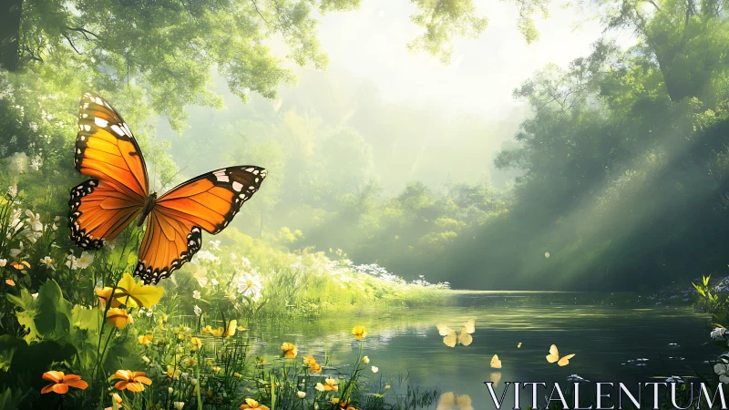 Bright orange butterfly in sunlit forest by a tranquil river, realistic.