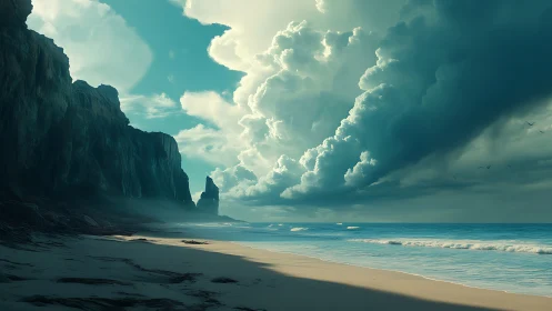 Coastal landscape with rock formations and stratocumulus cloud formations.