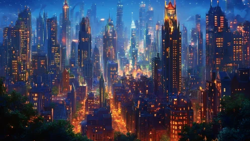 Dense illuminated city skyline under a clear night sky.