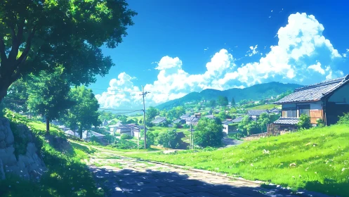 Sunlit rural hillside road above a tranquil green valley.