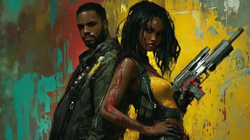 Vigilant cyberpunk duo stand ready against vivid chaos