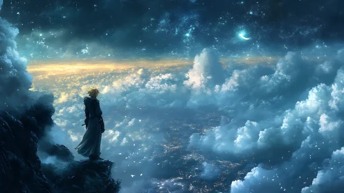 Skybound wanderer gazes across a cloudlit ocean of stars.