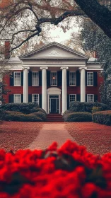 Symmetrical red-brick mansion with neoclassical colonnade and path