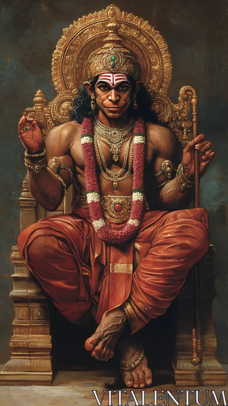 Regal anthropomorphic deity on ornate gold throne, hyper-detailed.