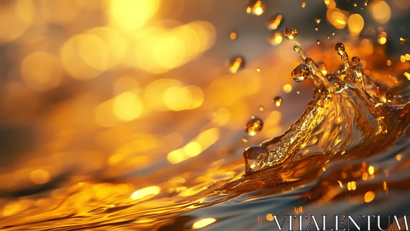 Golden liquid splash forms sharp droplets and curved waves
