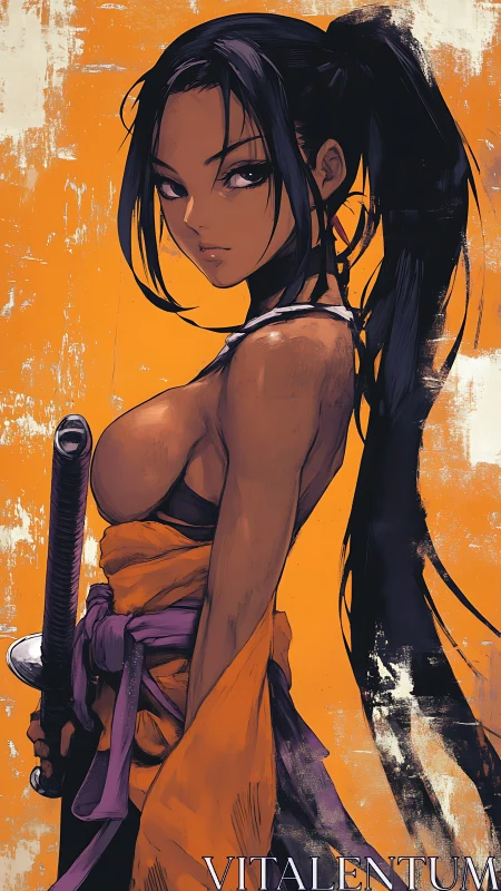 Samurai woman in orange wrap with katana, bold graphic style.