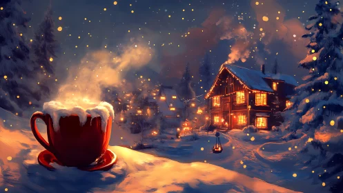 Steaming red mug before glowing chalet in snowy twilight.