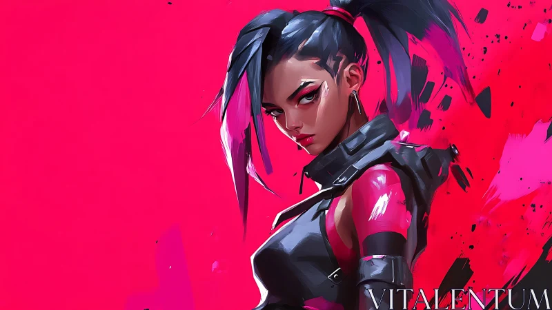 Neon rogue heroine slicing through hot pink lightning storm.