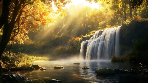 Backlit forest waterfall captures volumetric light and mist dynamics