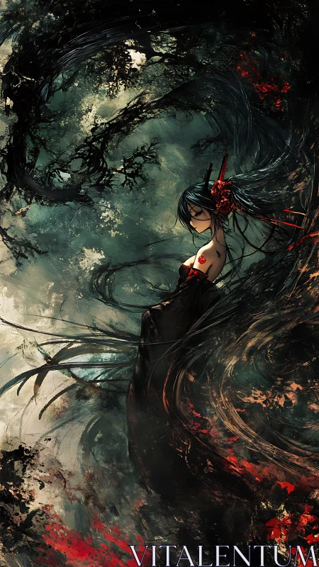 Enigmatic forest girl wrapped in swirling shadow and flame.