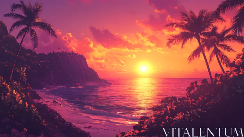 Radiant tropical coastline sunset with saturated magenta-orange sky