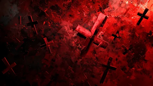 Crimson crosses drift like shattered beacons through static