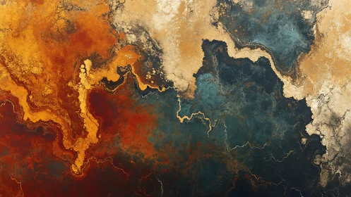 Molten geologic abstract with flowing rust and indigo fields.