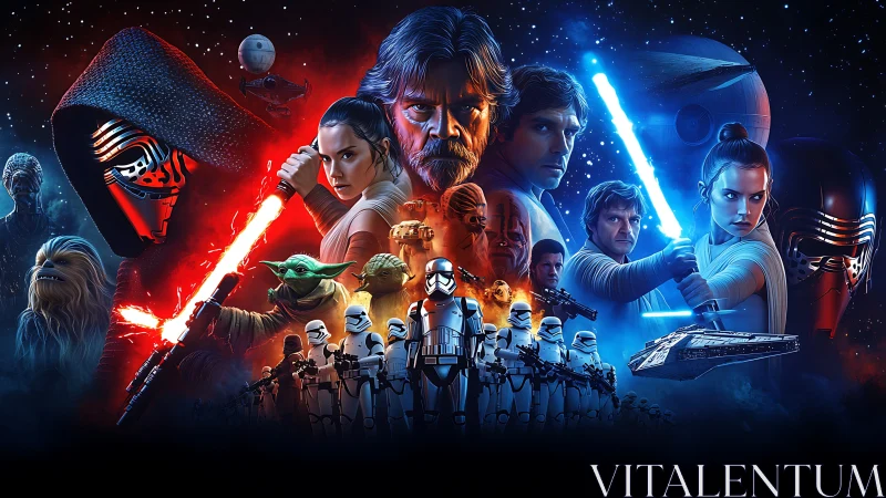 Starlit clash of sabers ignites a cosmic saga collage.