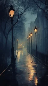 Rainy city street with glowing lamps and wet pavement.