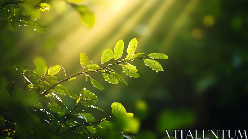 Backlit foliage with dew droplets under directional morning sun