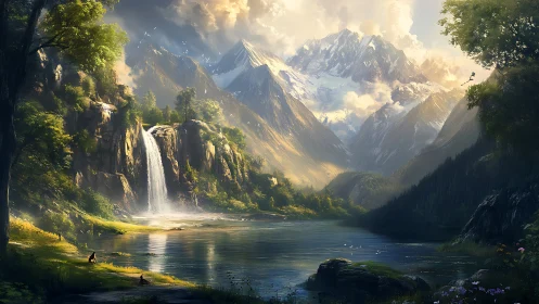 Sunlit alpine waterfall cascades into reflective mountain lake