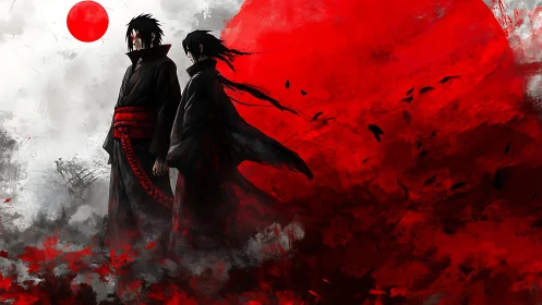 Two dark-robed figures stand before red abstract background