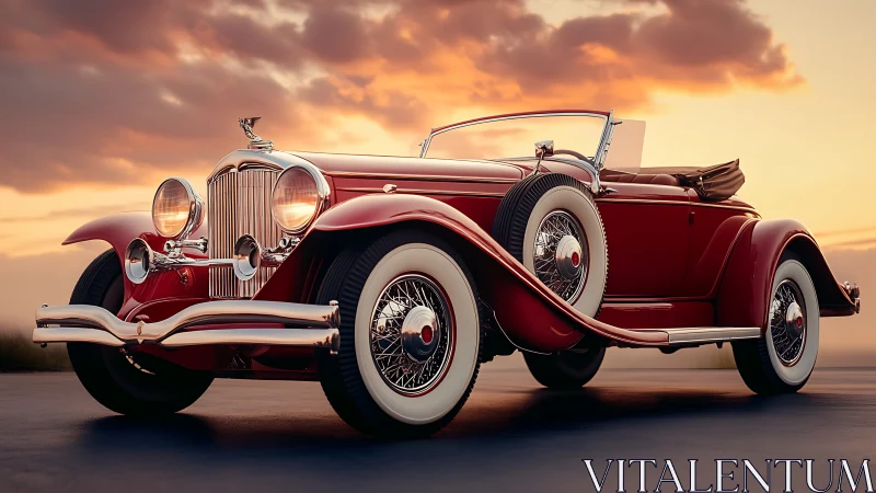 Sunset drive with a lovingly restored vintage red roadster.