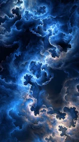 Fractal storm clouds swirl in luminous electric blue space.