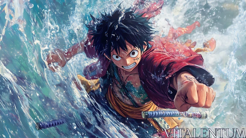 Storm-lashed anime hero punching through crashing seawater.