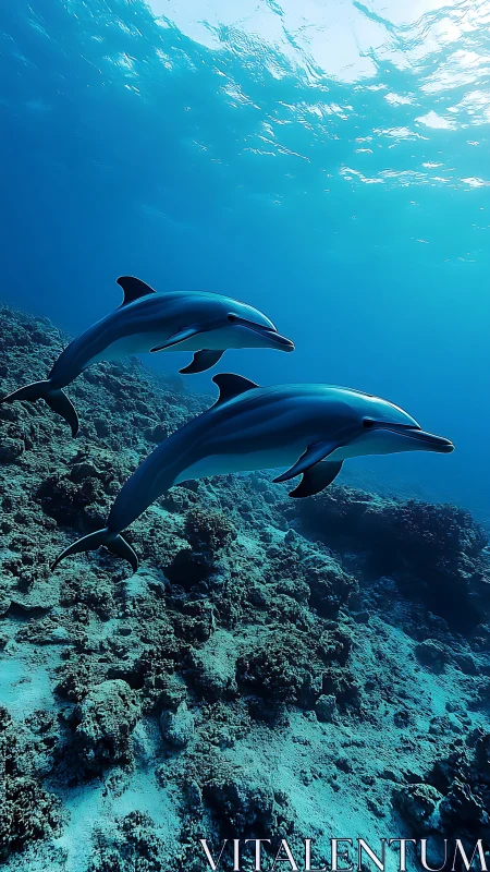 Twin dolphins glide through sapphire underwater silence.