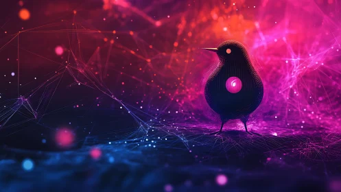 Neon cybernetic bird silhouette intersects luminous data mesh