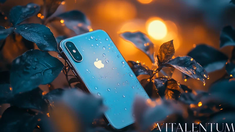 Apple iPhone with water-resistant silicon chassis suspended among foliage with golden hour backlight