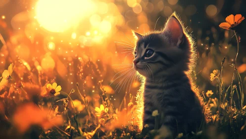 Kitten sitting in glowing sunset meadow with flowers.