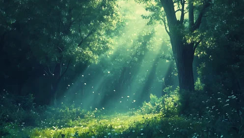 Sunlit Forest Clearing with Wildflowers and God Rays