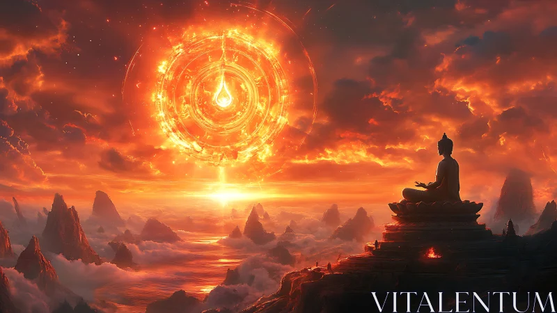 Glowing celestial mandala welcomes a meditating mountain sage