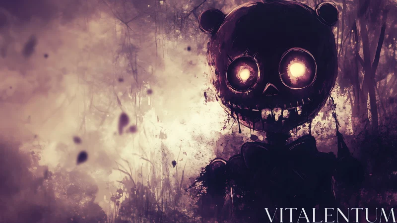 Demonic teddy bear silhouette glows within toxic forest haze.