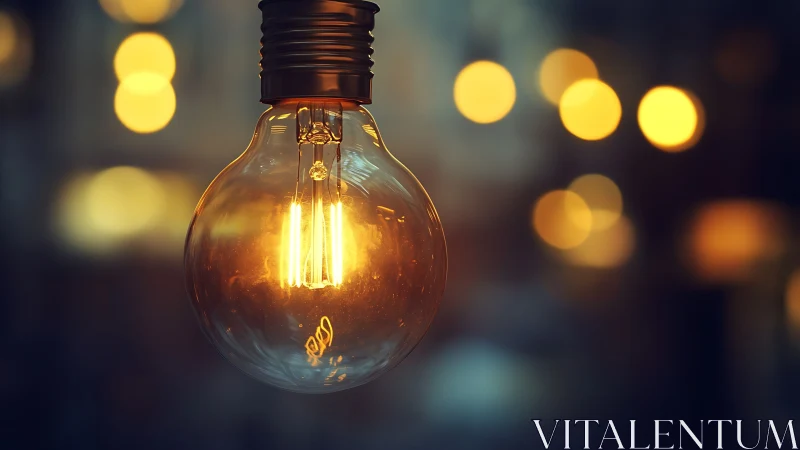 Warm filament bulb glows against soft urban bokeh.