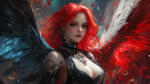 Chromatic seraphim portrait with asymmetric dual plumage.