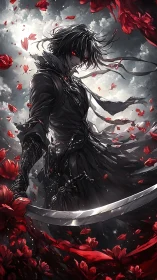 Dark swordsman with red eyes amid swirling crimson petals.
