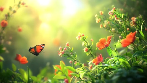 Butterfly drifts through sunrise-bright petals and quiet green