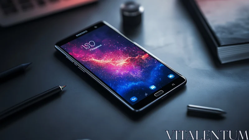 Modern smartphone displays cosmic digital wallpaper on desk