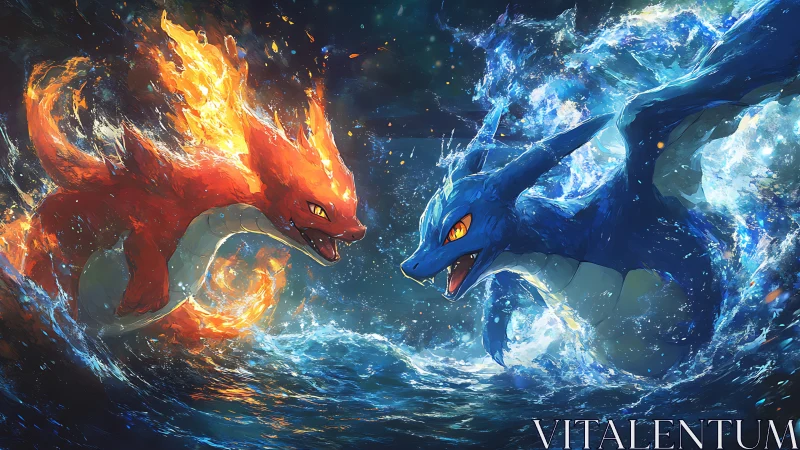 Elemental draconic duel in stormy oceanic fire and water clash