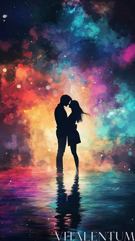Silhouetted Couple Kissing Against Cosmic Nebula.