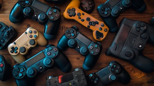 Mixed game controllers arranged on wooden surface. Period.